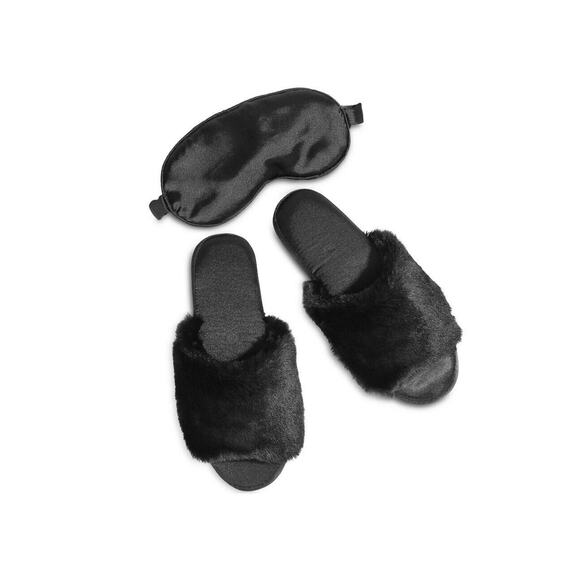 INC Faux-Fur Slide Slippers & Eye Mask Set Black Size M (7/8) 7000297 - Picture 1 of 1